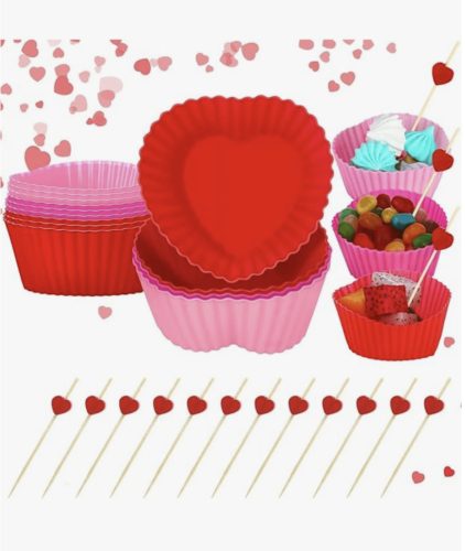 12 db Szív alakú szilikon muffin forma, cupcake forma, 12 db díszített pálcika