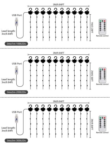 Karácsonyi LED fényfüggöny távirányítóval 3 x 2 méter színes